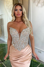 Designer Long Pink Mermaid V-neck Strapless Lace Satin Prom Dress with Rhinestones