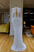 Designer Long White High Neck Long Sleeves Mermaid Sequined Prom Dress