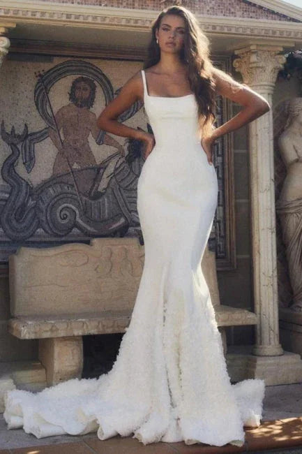Designer Long Mermaid Spaghetti Straps Satin Wedding Dress