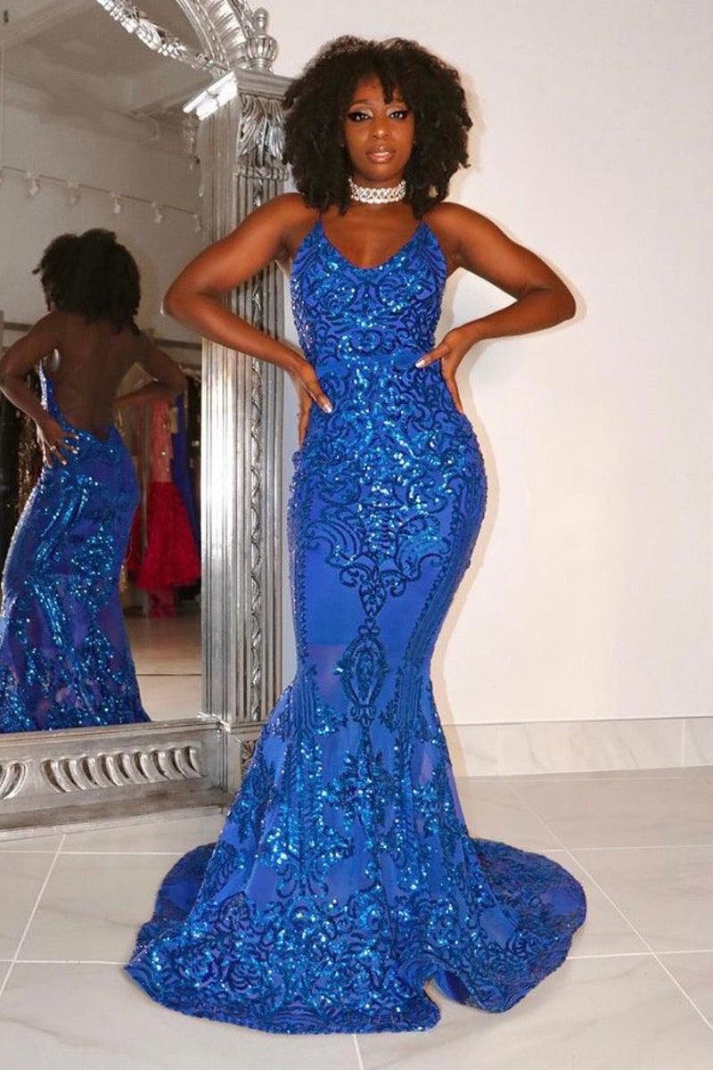 Designer Spaghetti Straps Long Mermaid Lace Sleeveless Prom Dress