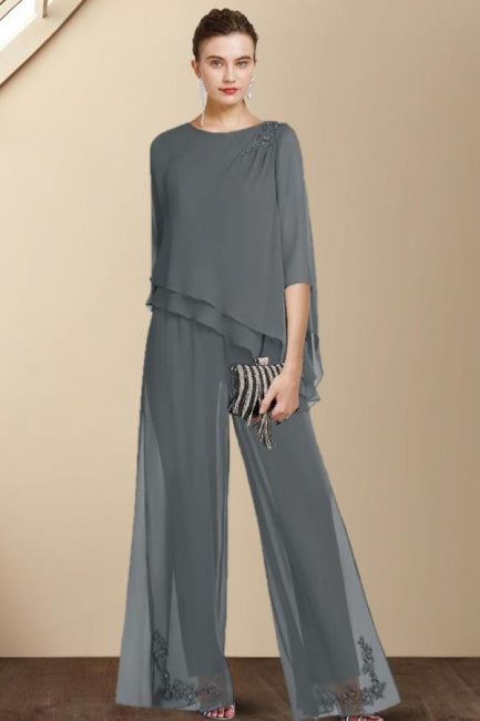 Designer Two Pieces Mother of The Bride Suit Chiffon Scoop Half Sleeve Bridesmaid Dresses With Ruffles
