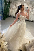 Designer  A-line  Spaghetti Straps Sleeveless Tulle Wedding Dresses With Lace