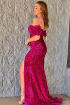 Mermaid Off the Shoulder Fuchsia Sequins Long Prom Dress with Split Front