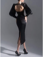 Sheath Black Dress Evening Gown Elegant Dress Formal Tea Length Long Sleeve Sweetheart Satin with Ruched Slit
