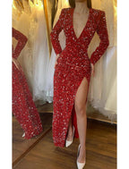 Mermaid / Trumpet Evening Gown Sparkle Dress Formal Christmas Floor Length Long Sleeve V Neck Sequined with Ruched Sequin Slit