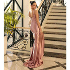 Double Straps Scoop Pleats Long Mermaid Prom Party Dress with Slit