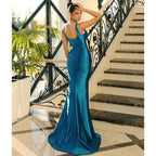 Double Straps Scoop Pleats Long Mermaid Prom Party Dress with Slit