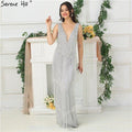 Dubai Design Silver Sexy Deep-V Evening Dress Sequined LA6674