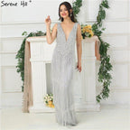 Dubai Design Silver Sexy Deep-V Evening Dress Sequined LA6674