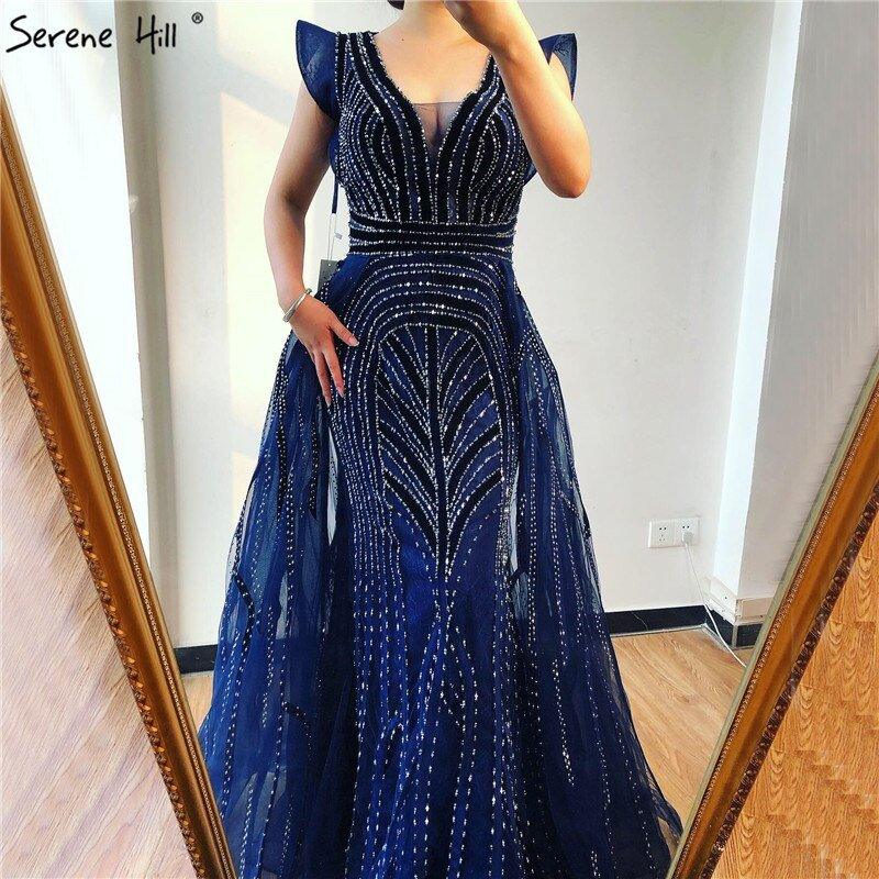 Dubai Navy Blue Deep-V Sexy Evening Dresses Sleeveless Crystal Luxury Mermaid Evening Gowns Design Serene Hill LA70198