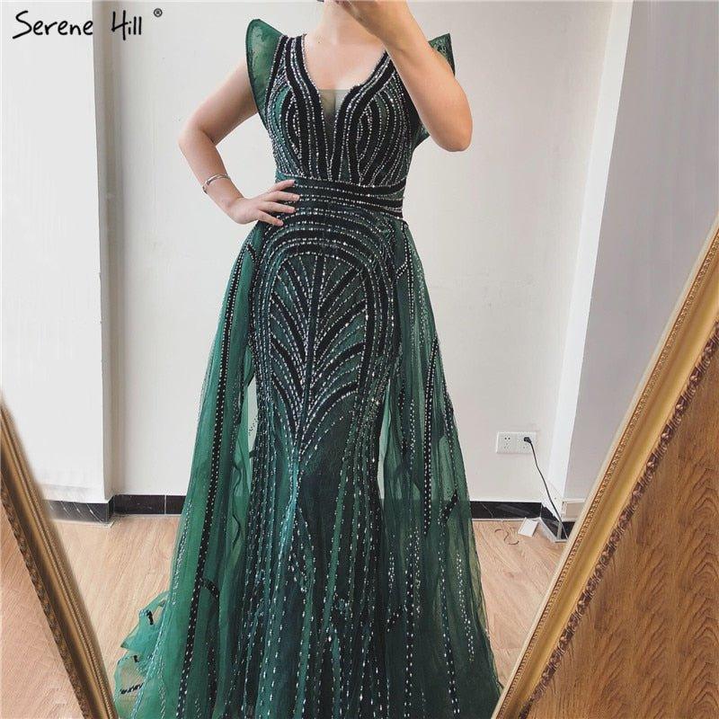 Dubai Navy Blue Deep-V Sexy Evening Dresses Sleeveless Crystal Luxury Mermaid Evening Gowns Design Serene Hill LA70198