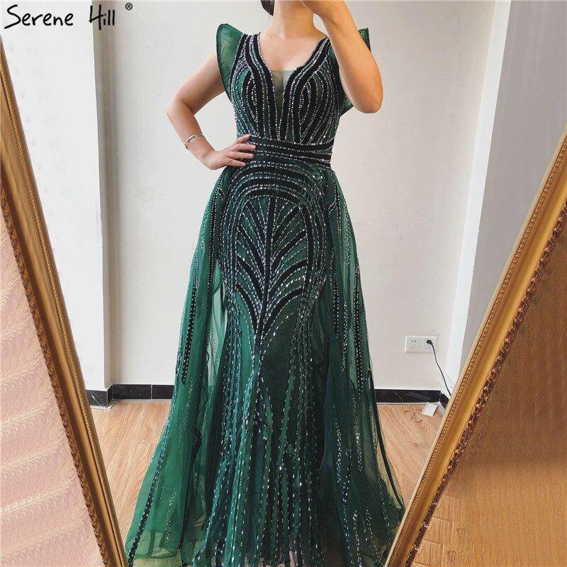 Dubai Navy Blue Deep-V Sexy Evening Dresses Sleeveless Crystal Luxury Mermaid Evening Gowns Design Serene Hill LA70198