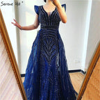 Dubai Navy Blue Deep-V Sexy Evening Dresses Sleeveless Crystal Luxury Mermaid Evening Gowns Design Serene Hill LA70198