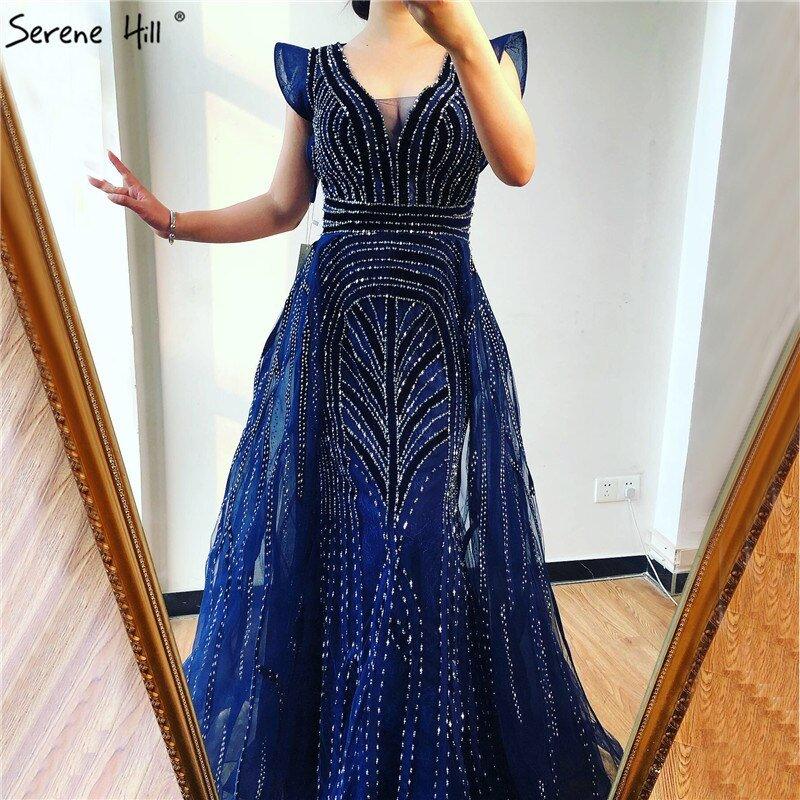 Dubai Navy Blue Deep-V Sexy Evening Dresses Sleeveless Crystal Luxury Mermaid Evening Gowns Design Serene Hill LA70198