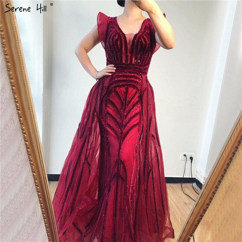 Dubai Navy Blue Deep-V Sexy Evening Dresses Sleeveless Crystal Luxury Mermaid Evening Gowns Design Serene Hill LA70198