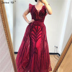 Dubai Navy Blue Deep-V Sexy Evening Dresses Sleeveless Crystal Luxury Mermaid Evening Gowns Design Serene Hill LA70198