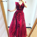 Dubai Navy Blue Deep-V Sexy Evening Dresses Sleeveless Crystal Luxury Mermaid Evening Gowns Design Serene Hill LA70198