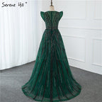 Dubai Navy Blue Deep-V Sexy Evening Dresses Sleeveless Crystal Luxury Mermaid Evening Gowns Design Serene Hill LA70198