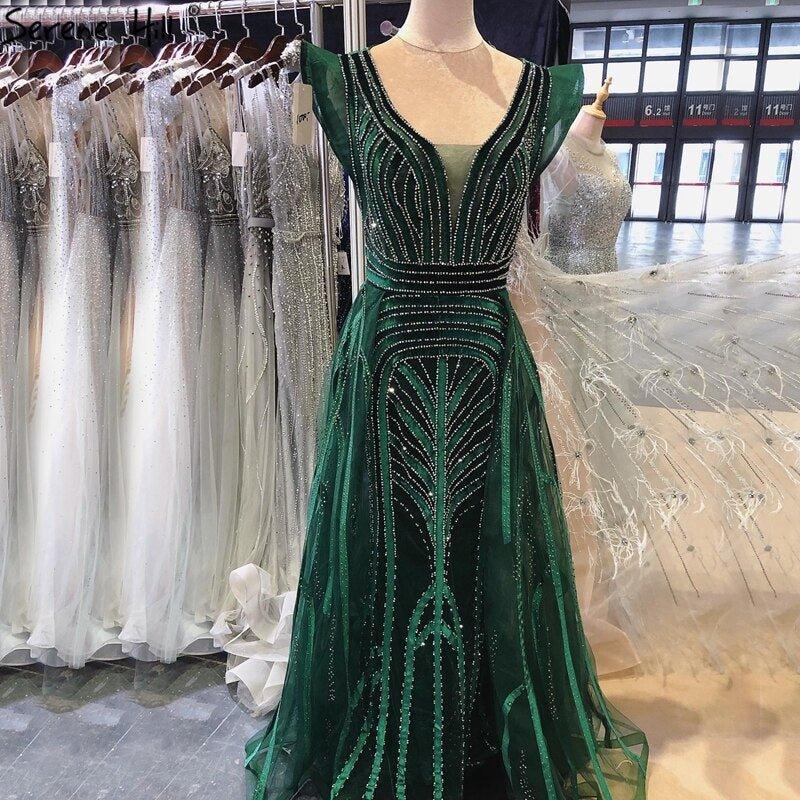 Dubai Navy Blue Deep-V Sexy Evening Dresses Sleeveless Crystal Luxury Mermaid Evening Gowns Design Serene Hill LA70198