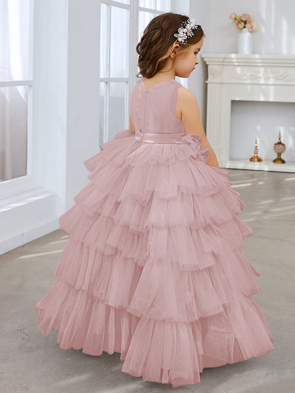 Ball-Gown/Princess Pearl Pink Sleeveless Tulle Bow Flower Girl Dress