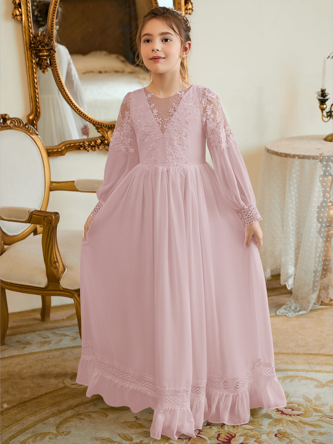 A-line Chiffon Floor-length Ivory First Communion Dress