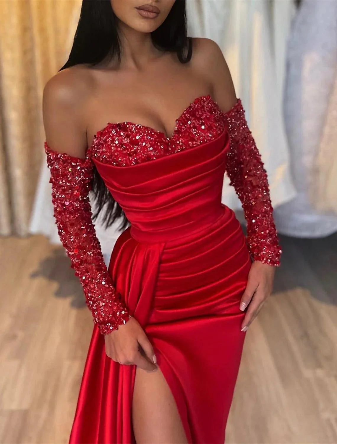 Mermaid Black Dress Plus Size Evening Gown Black Dress Plus Size Vintage Formal Wedding Party Court Train Long Sleeve Off Shoulder Satin with Ruched Sequin Slit