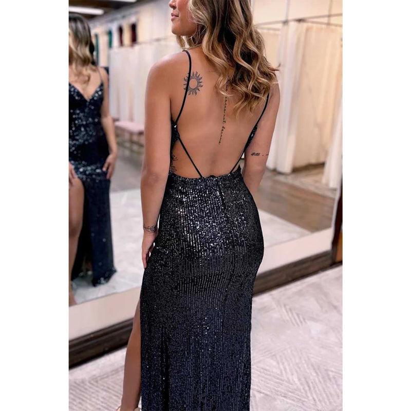 V-neck Spaghetti Straps Fully Sequined with Side Slit Party Prom Evening Dress