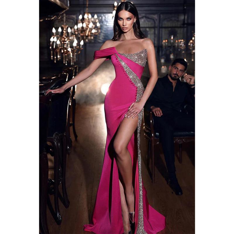 Unique Strapless Sequins Sexy Mermaid Long Prom Party Dress with Slit
