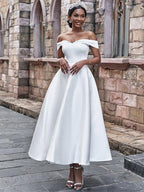 Wedding Dresses Princess Satin Ruffles Off-the-Shoulder Sleeveless Length