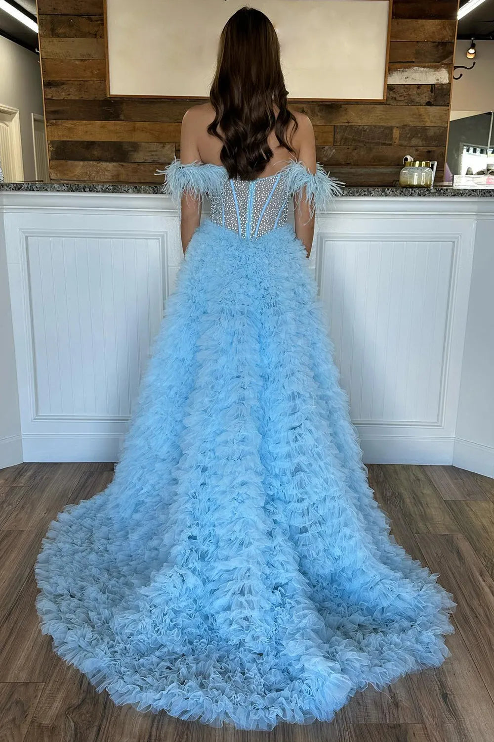 Off the Shoulder Tulle Tiered A-Line Long Corset Prom Dress with Beading
