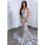 V-Neck Halter Sequins Satin Feather Mermaid Long Prom Evening Dress