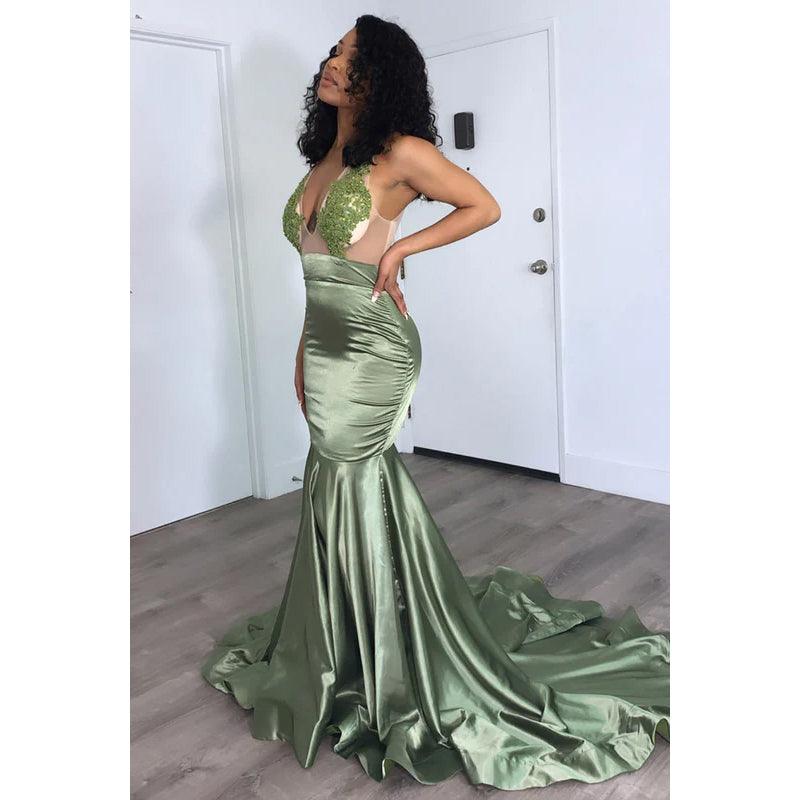 V-Neck Sleeveless Appliqued Sheer Tulle Mermaid Long Prom Evening Dress