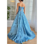 Satin A-line Strapless Appliques with Side Slit Party Prom Evening Dress