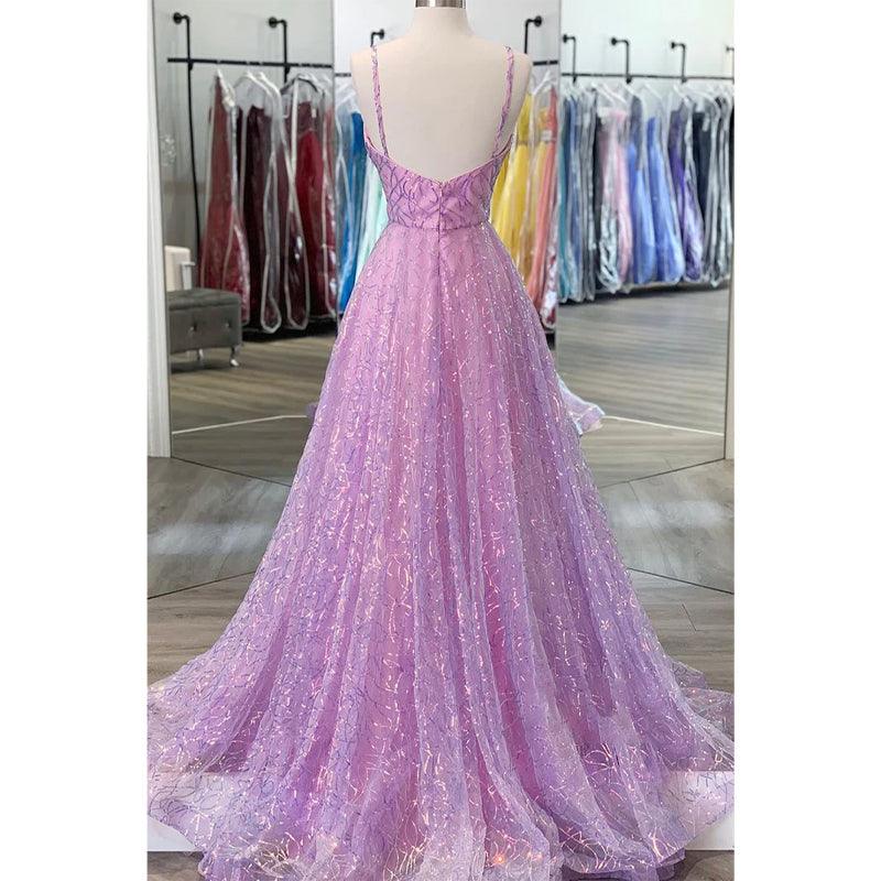 Purple Sequins Lace V-neck A-line Prom Dress Glitter