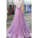 Purple Sequins Lace V-neck A-line Prom Dress Glitter