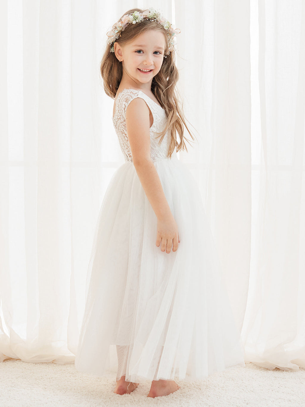 A-line Lace Tulle Ankle-length White Dress (2003227597)