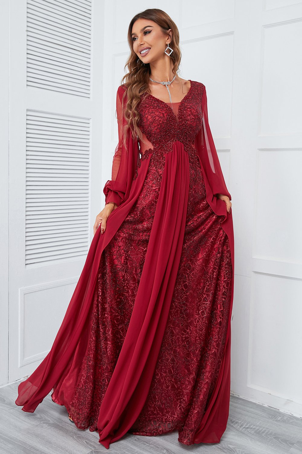 Burgundy Beaded Long Prom Dress with Lace