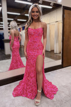 Strapless Sequins Lace Mermaid Prom Dresses with Slit