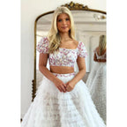 Square Neck Short Sleeves Beaded Tulle A-Line Long Evening Prom Dress