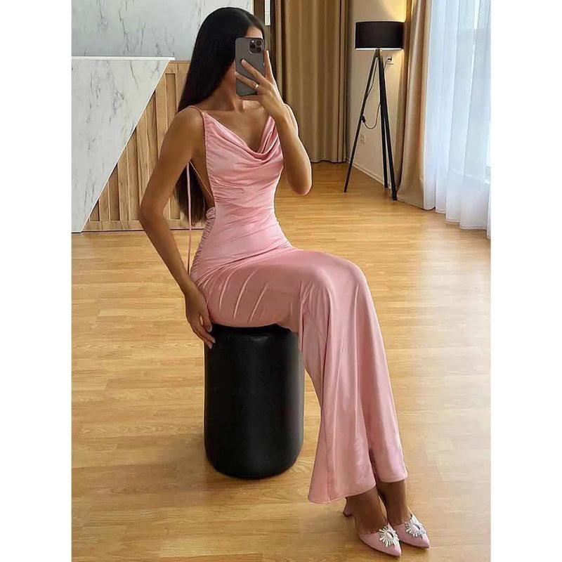 Spaghetti Straps Pleats Pink Long Pink Wedding Guest Dress