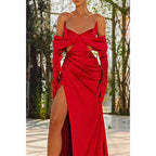 Sexy V Neck Satin Pleated Side Slit Red Long Formal Evening Gowns
