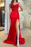 Elegant Mermaid Spaghetti Straps Red Corset Prom Dress with Appliques Split Front
