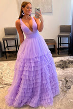 Purple Deep V-Neck Tiered Prom Dress
