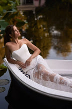White Satin Maxi Prom Dresses with Strapless Corset Bodice Lace-Up Back Pleated Chiffon Skirt for Prom and Garden Wedding