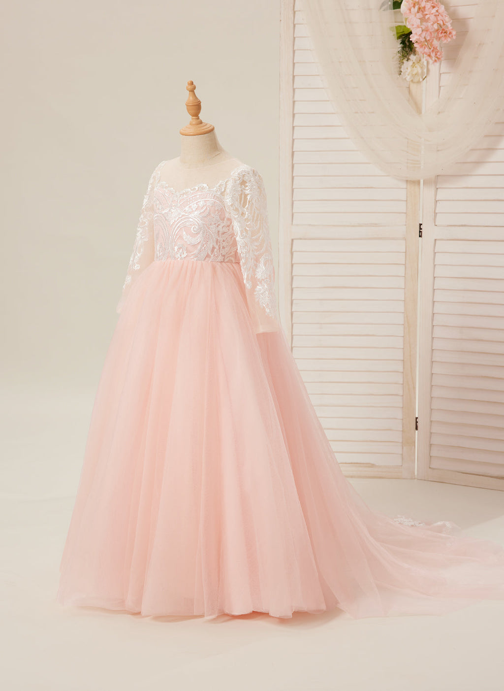 A-line Long Sleeves Lace Tulle Flower Girl Dresses Pink (2003227575)