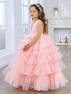 Ball-Gown/Princess Pearl Pink Sleeveless Tulle Bow Flower Girl Dress (010220814)