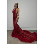 V-Neck Halter Backless Sequins Sheer Tulle Feather Mermaid Long Prom Dress