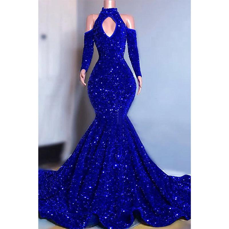 Unique High Neckline Long Sleeves Sequins Sparkly Prom Dress Black Dress for Slay