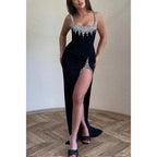 Sexy Fitted Square Beaded with Side Slit Party Prom Evening Dress