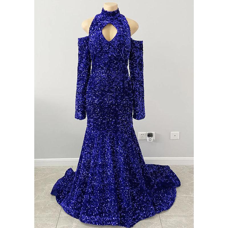 Unique High Neckline Long Sleeves Sequins Sparkly Prom Dress Black Dress for Slay